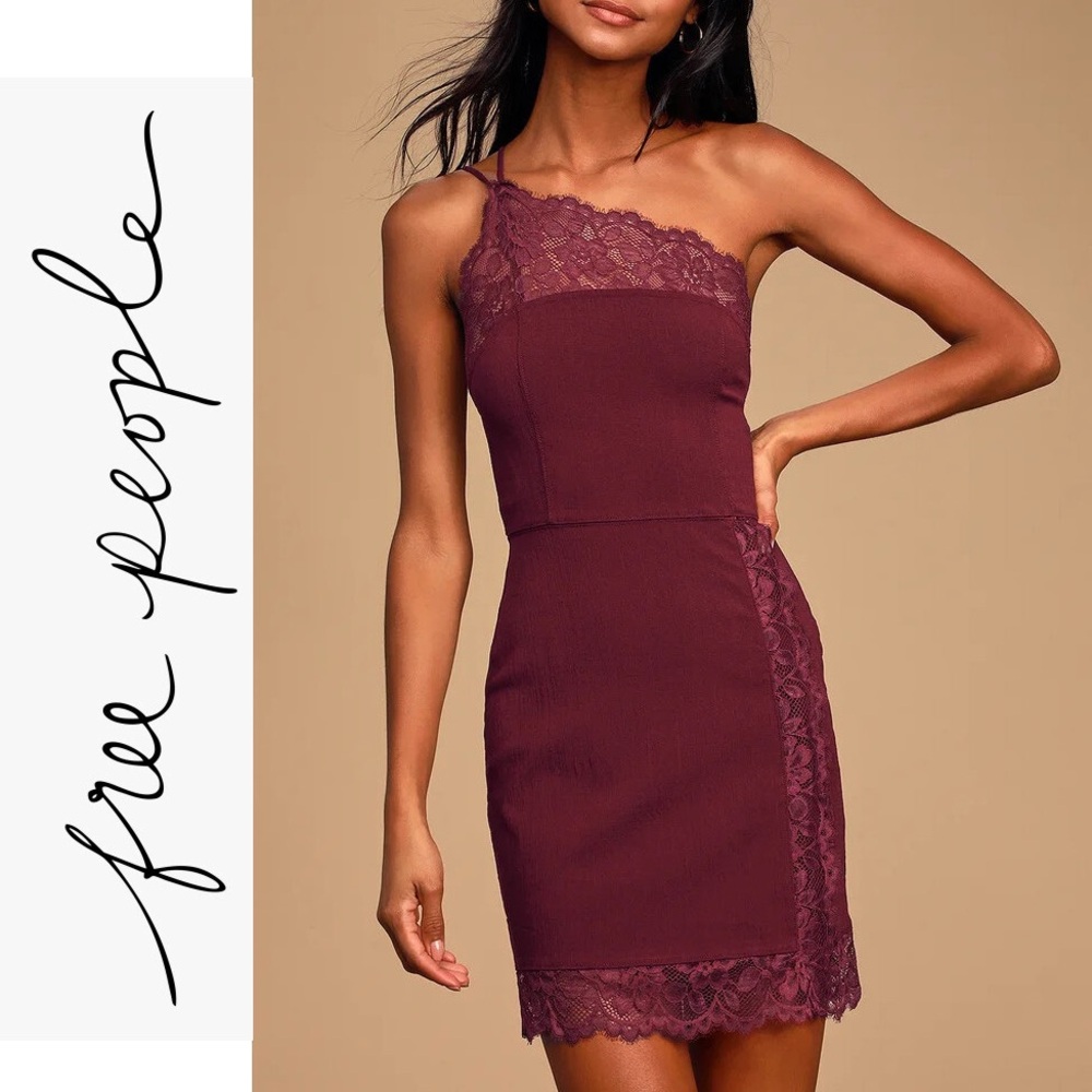 NWT FREE PEOPLE Premonitions Bodycon One-Shoulder Lace Burgundy Dress ❤️ SIZE S